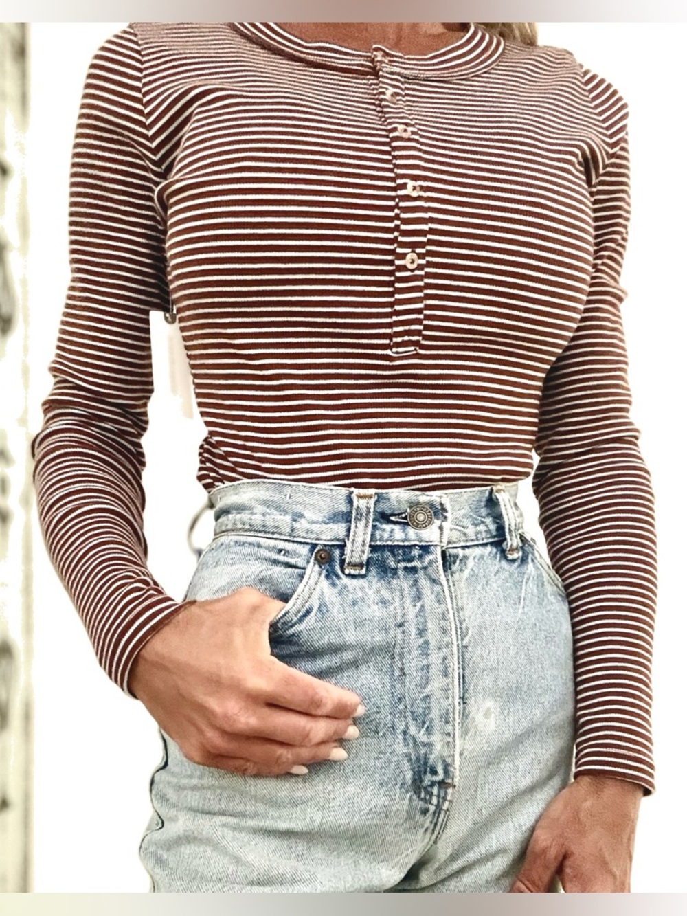 Pilcro Ribbed Henley Top • XXS • NWT • Maroon & Blue Stripe